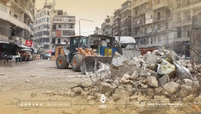 فرق الدفاع المدني تواصل إزالة الأنقاض في حي الشعار بحلب ضمن مشروع إنعاش المناطق الشرقية